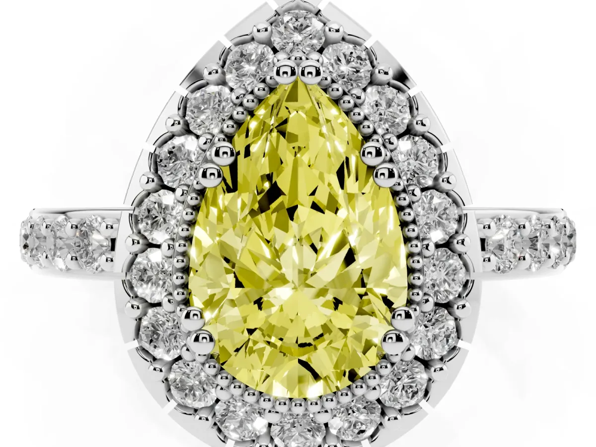 Fancy Yellow Pear Cut Diamond Halo Ring with Pavé Band and Prong Setting Platinum