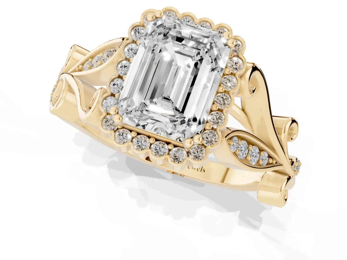 Emerald Cut Diamond Halo Ring with Vintage Split Shank and Four-Prong Setting Yellow gold