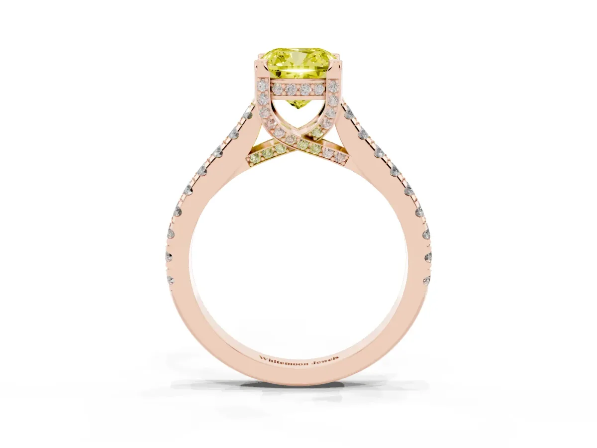 Fancy Yellow Cushion Cut Brilliant Diamond Solitaire with Pavé Band and Four-Prong Setting Rose gold