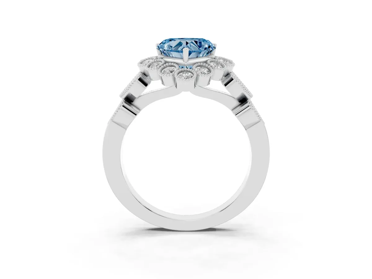 Fancy Blue Heart Cut Brilliant Milgrain Pave Heart Band Solitaire Ring White gold