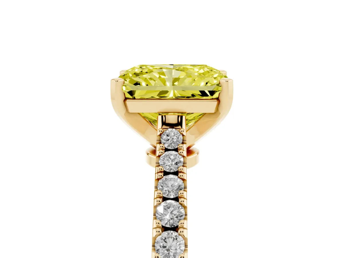 Fancy Yellow Radiant Cut Cut Solitaire Diamond Engagement Ring with Pave Band and Four-Prong Setting Yellow gold