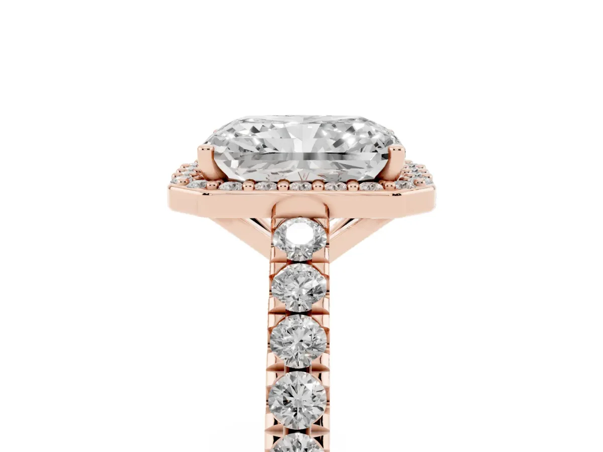 Radiant Cut Cut Halo Diamond Engagement Ring with Pave Band and Four-Prong Setting Rose gold