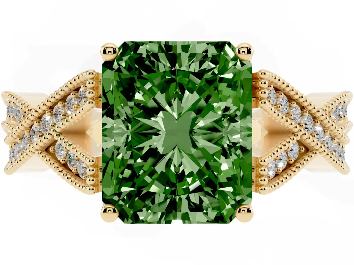 Fancy Green Radiant Cut Cut Diamond Twisted Band with Milgrain Pave Setting and Four-Prong Setting Yellow gold