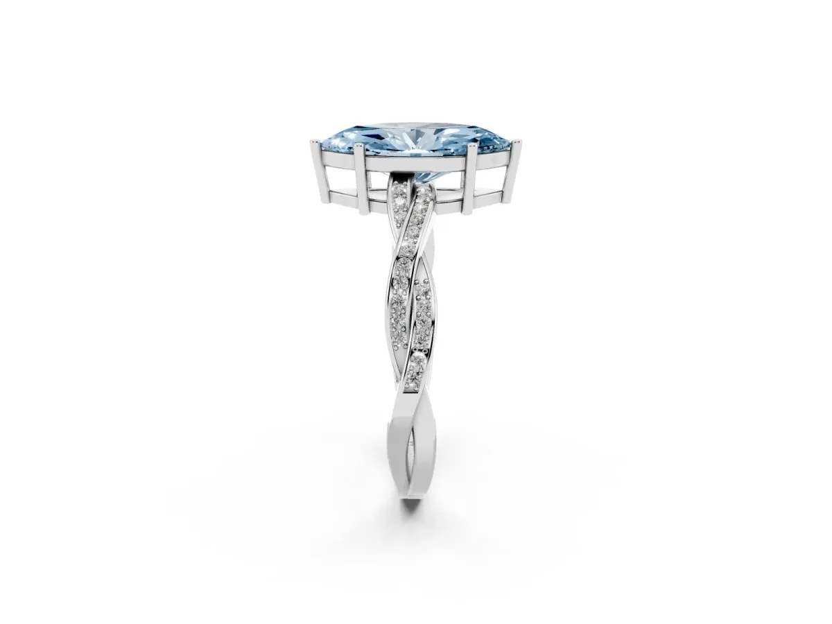 Fancy Blue Marquise Cut Solitaire Twisted Pave Diamond Ring with Four-Prong Setting Silver