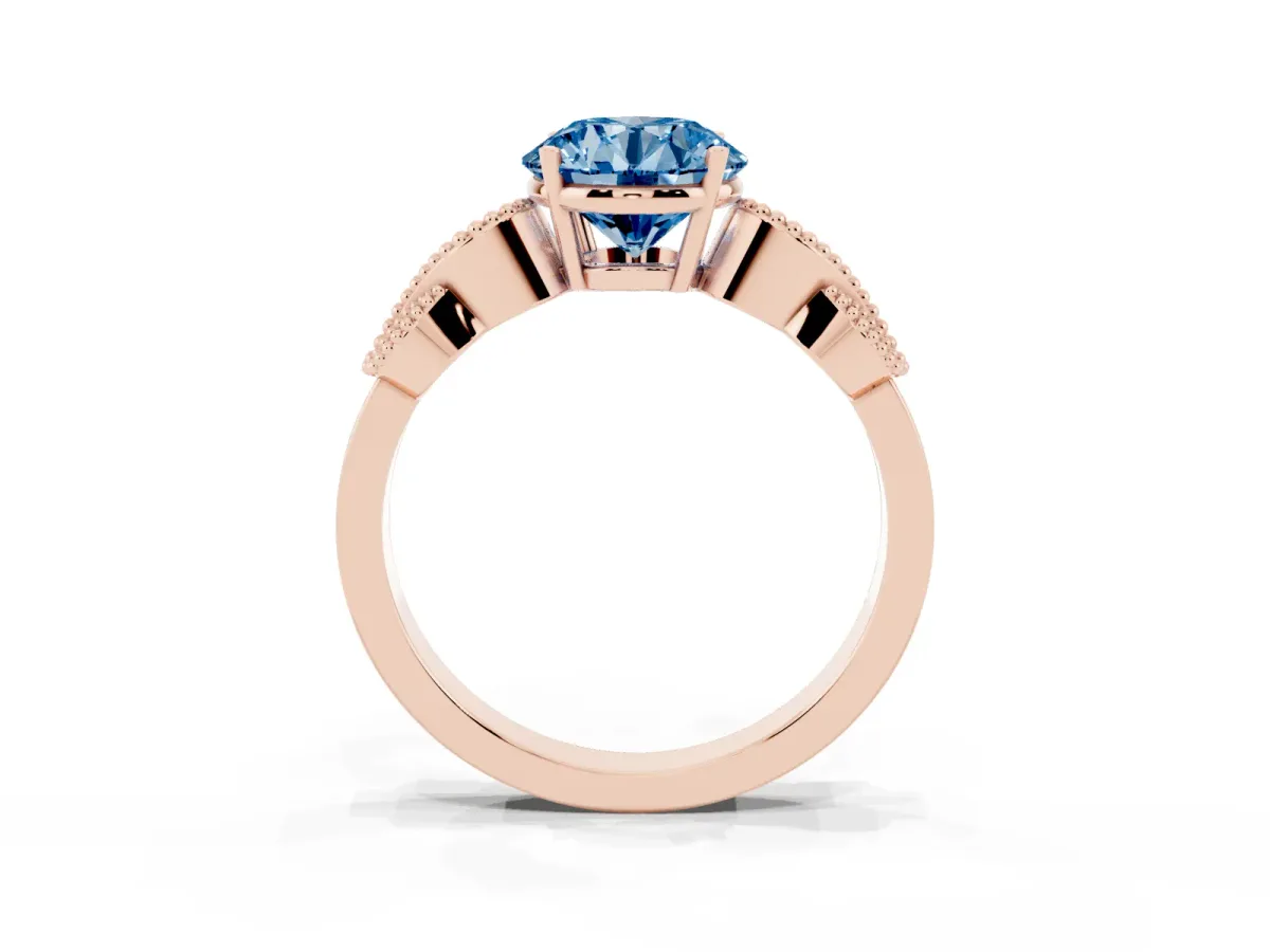 Fancy Blue Round Cut Solitaire Milgrain Leaf Band with Prong Setting Rose gold