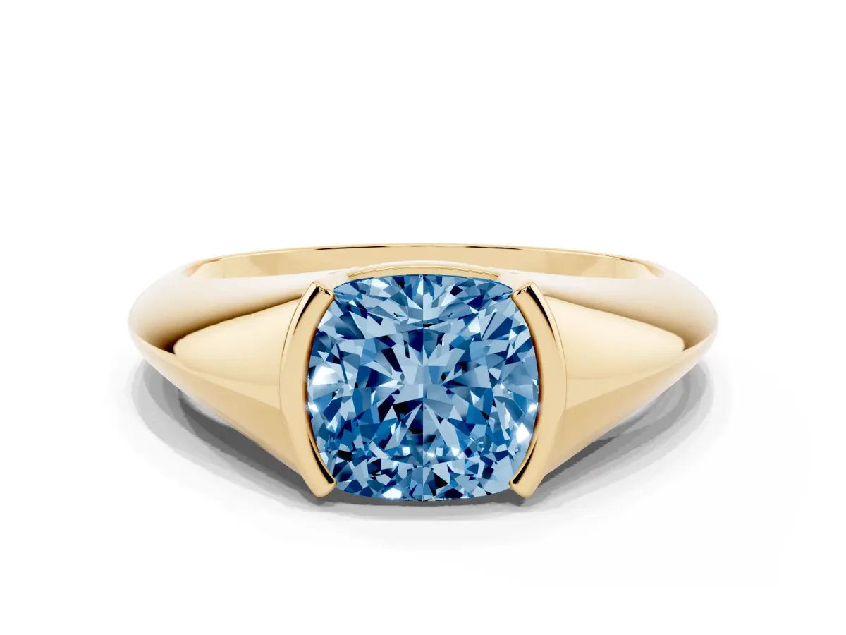 Fancy Blue Cushion Cut Solitaire Tension Set Diamond Ring Yellow gold