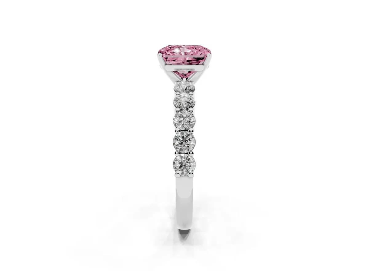 Fancy Pink Radiant Cut Diamond Solitaire Ring with Shared Prong Round Side Stones Platinum