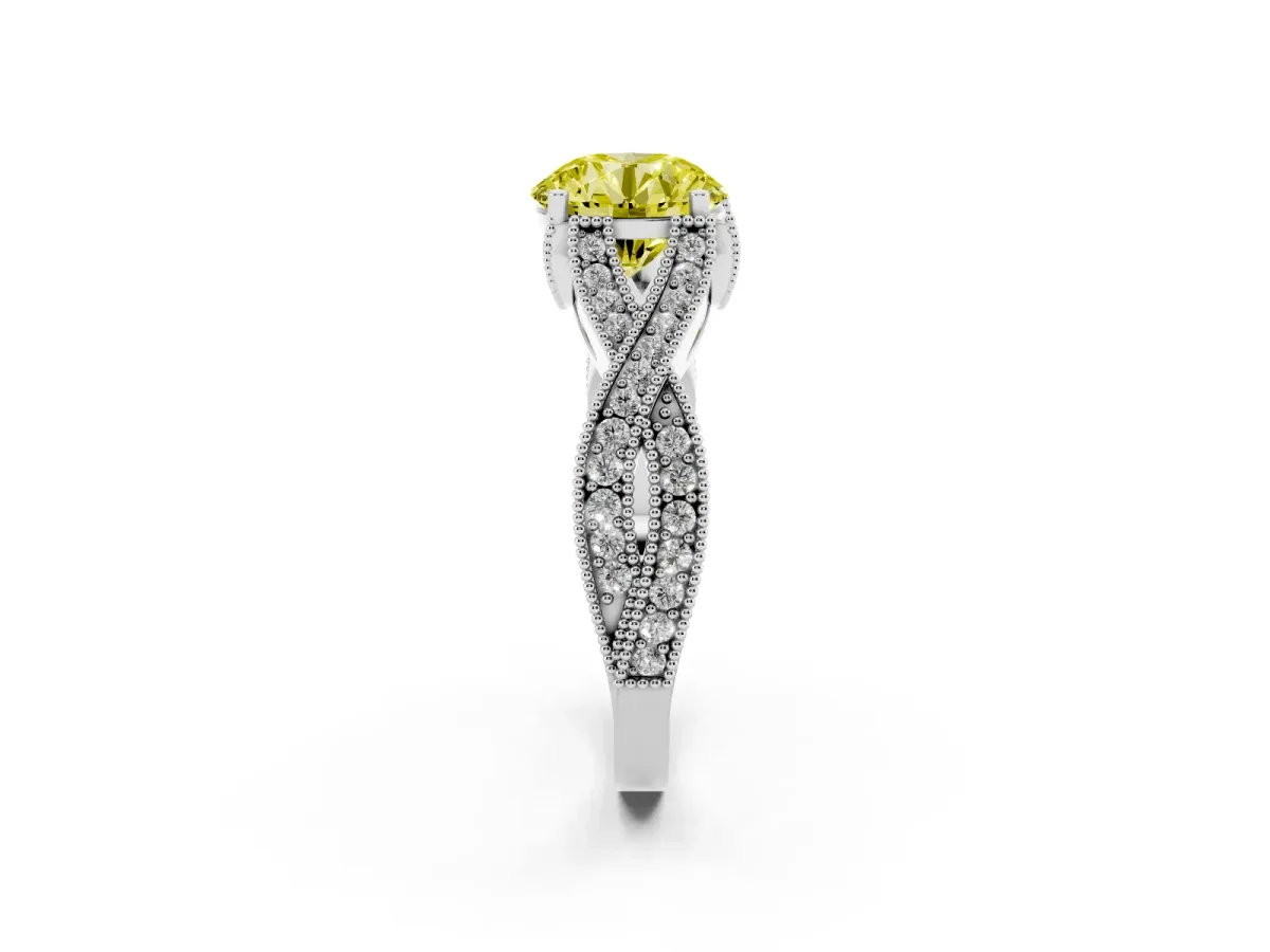 Fancy Yellow Round Cut Cut Diamond Twisted Band with Milgrain Pave Setting and Four-Prong Setting Silver