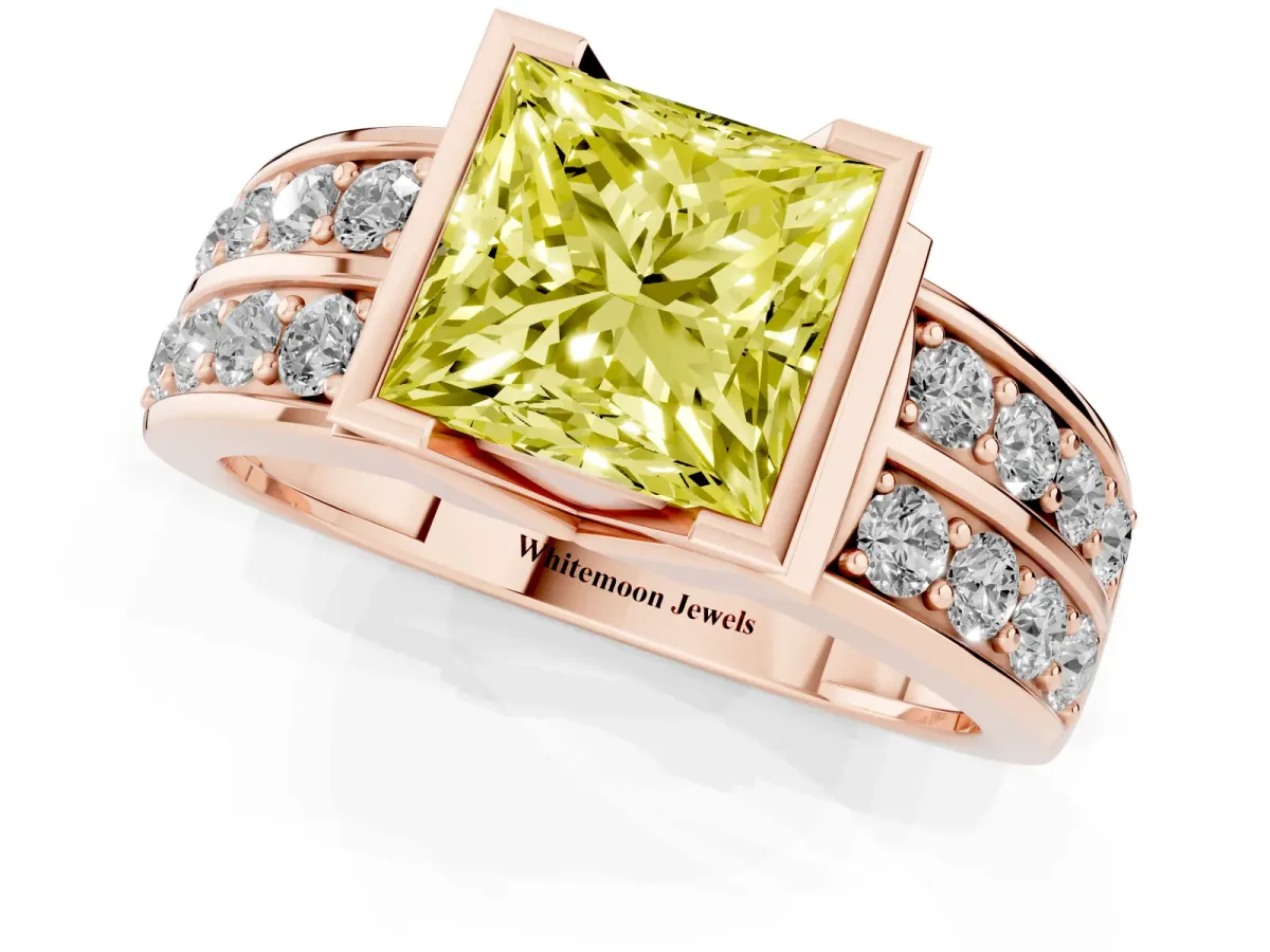 Fancy Yellow Princess Cut Brilliant Diamond Channel Set Wide Band Ring with Bezel Setting Rose gold