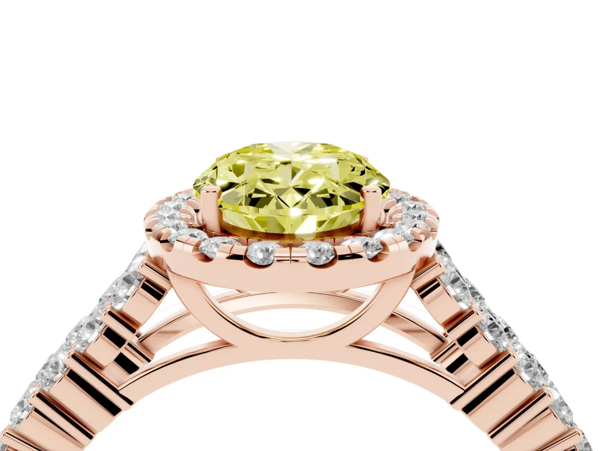 Fancy Yellow Oval Cut Diamond Halo Engagement Ring with Triple Row Round Pavé Band and Prong Setting Rose gold