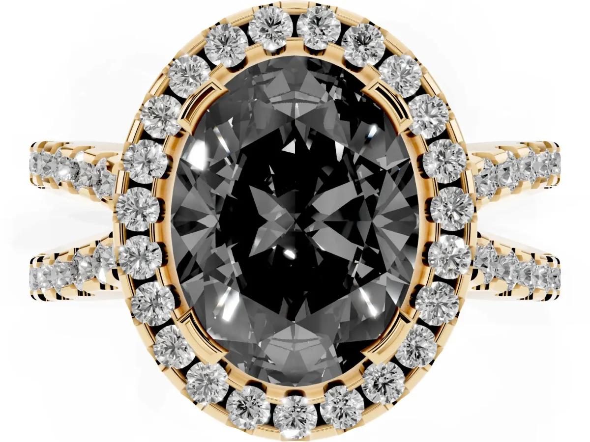 Fancy Black Oval Cut Diamond Halo Ring with Split Shank Pavé Band and Prong Setting Yellow gold