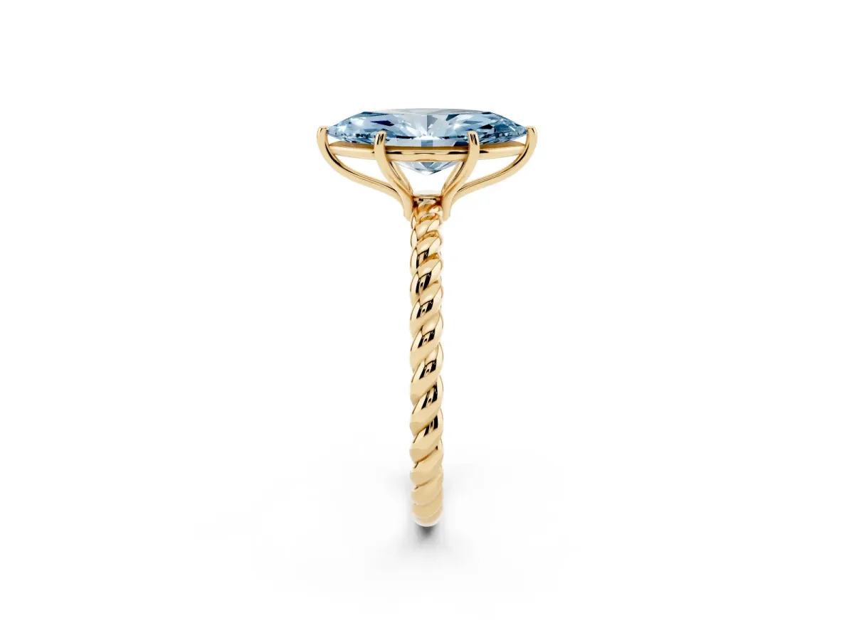 Fancy Blue Marquise Cut Solitaire Twist Band Ring with Four-Prong Setting Yellow gold