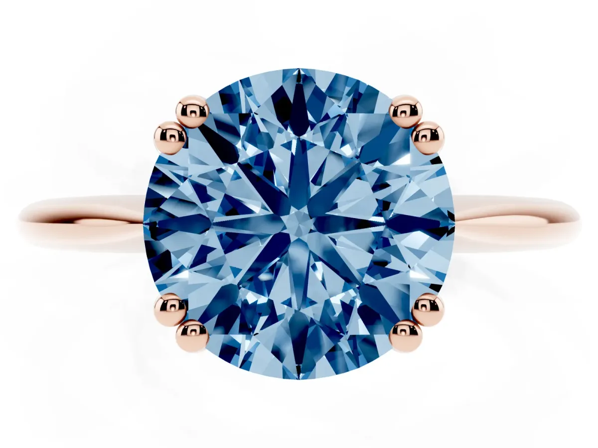Fancy Blue Round Cut Solitaire Diamond Ring with Six-Prong Setting and Classic Band Rose gold