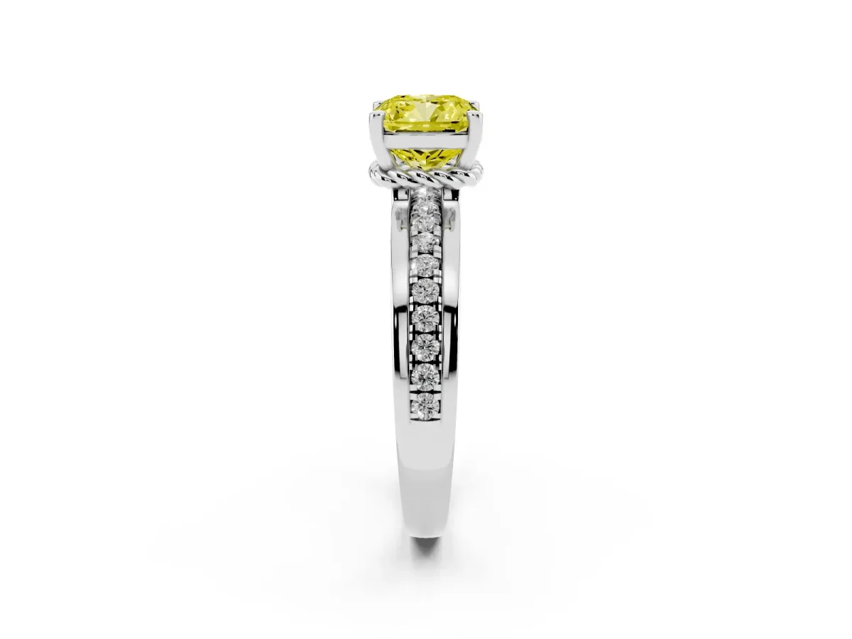 Fancy Yellow Cushion Cut Solitaire Diamond Ring with Channel Set Band and Six-Prong Setting Platinum