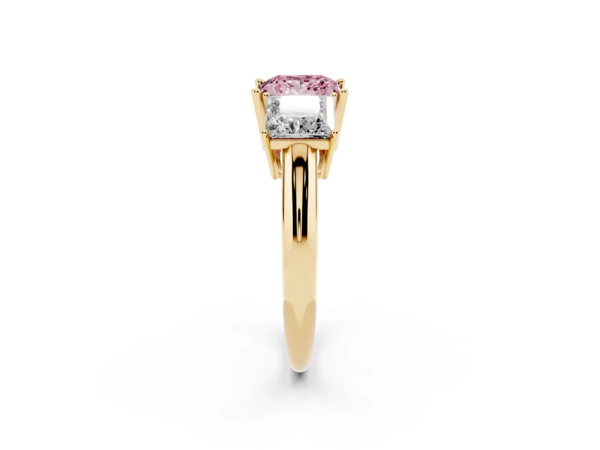 Fancy Pink Three-Stone Princess Cut Cut Diamond Engagement Ring with Prong Setting on a White Gold Band Yellow gold