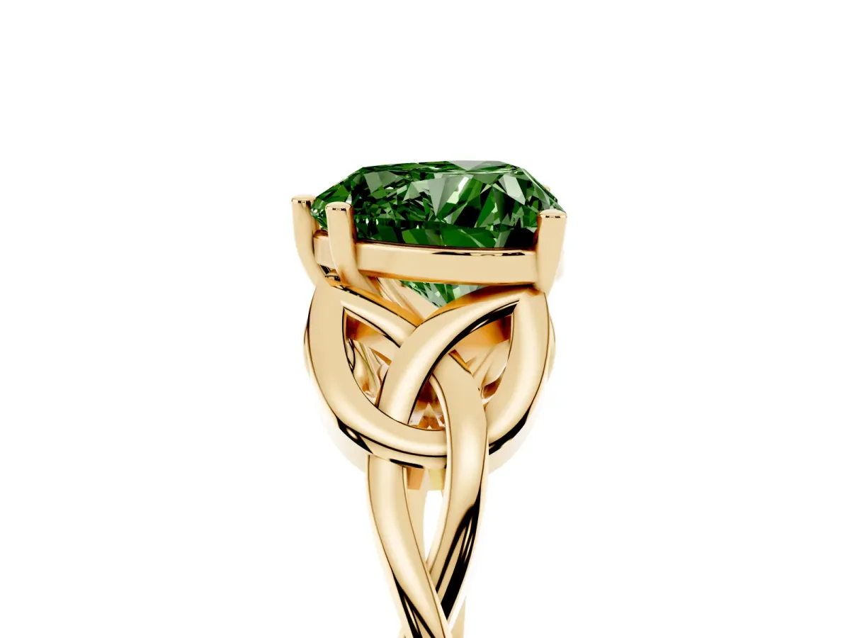 Fancy Green Heart Cut Diamond Solitaire Engagement Ring with Celtic Knot Band and Four-Prong Setting Yellow gold