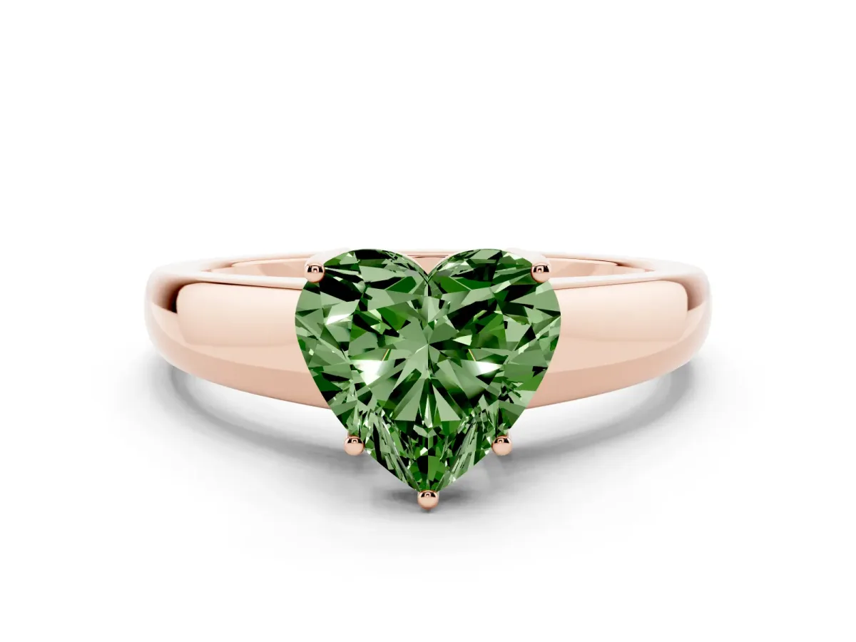 Fancy Green Heart Cut Solitaire Diamond Ring with Tapered Band and Four-Prong Setting Rose gold