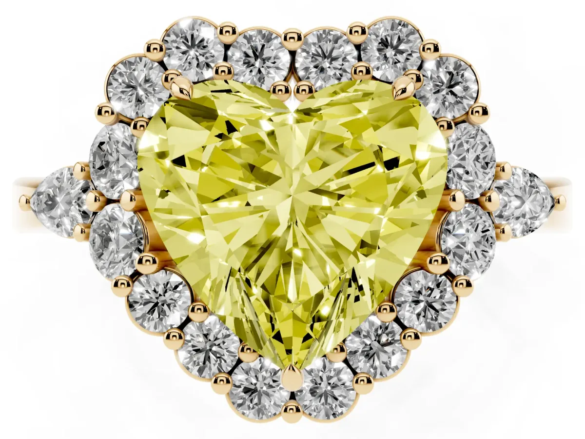 Fancy Yellow Heart Cut Diamond Halo Ring with Pear Side Stones and Prong Setting Yellow gold