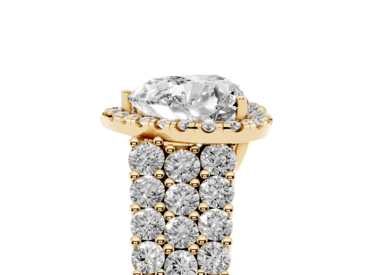 Heart Cut Diamond Halo Engagement Ring with Triple Row Round Pavé Band and Prong Setting Yellow gold
