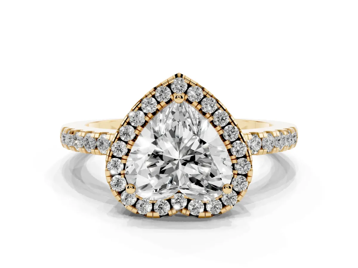 Heart Cut Halo Diamond Engagement Ring with Pavé Band and Four-Prong Setting Yellow gold