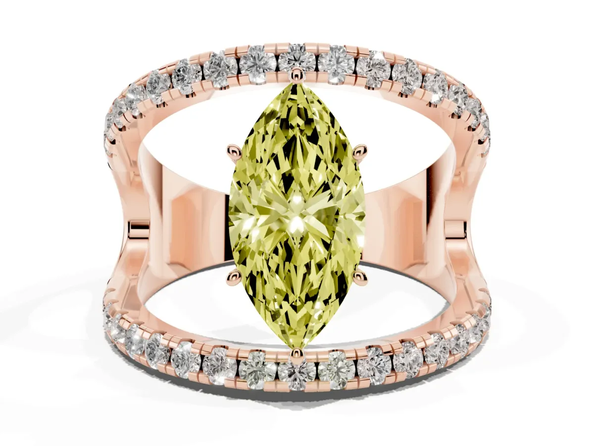 Fancy Yellow Marquise Cut Solitaire Split Shank Pave Diamond Ring Rose gold