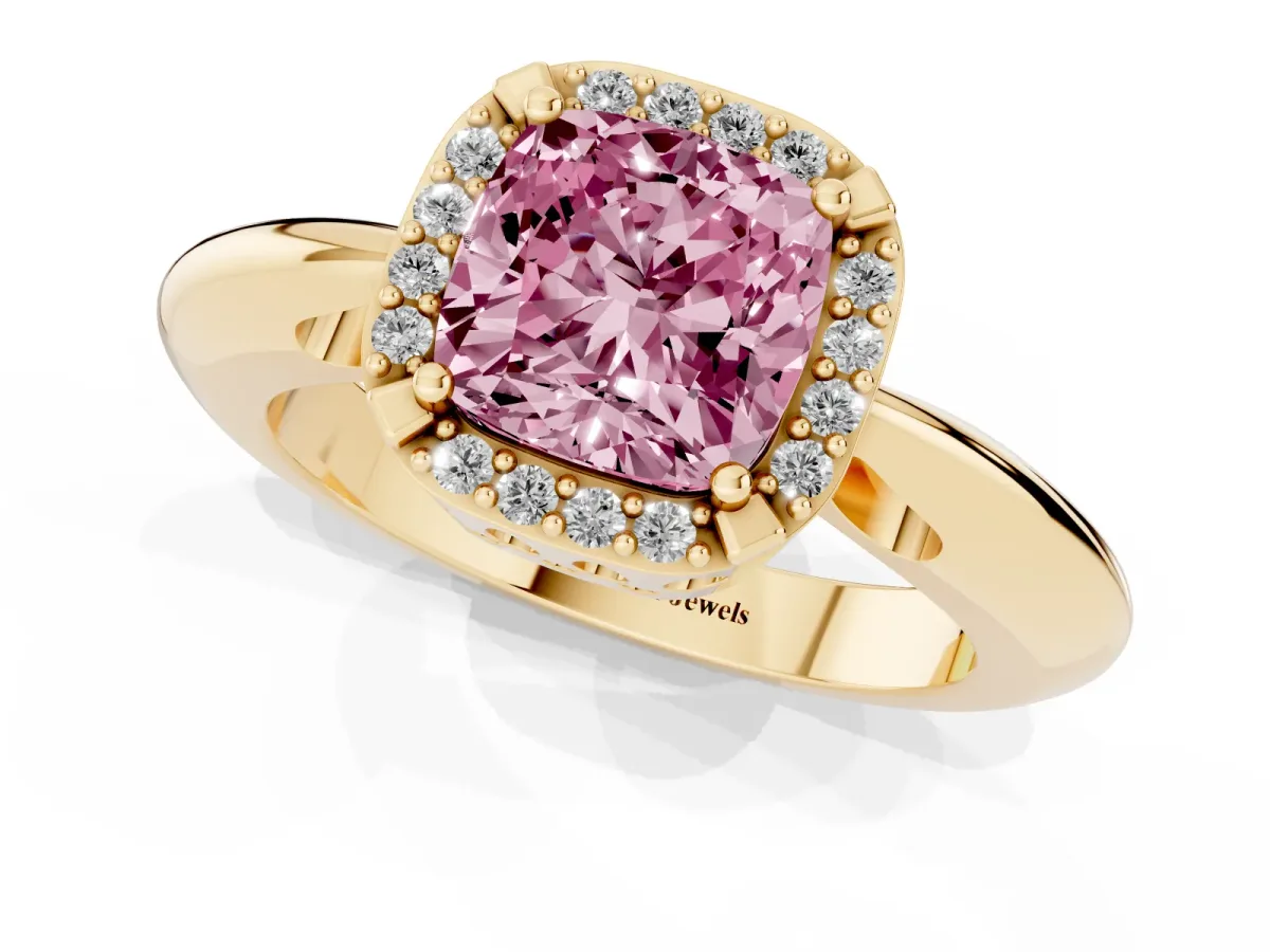 Fancy Pink Cushion Cut Cut Diamond Halo Engagement Ring with Split Shank and Four-Prong Setting Yellow gold