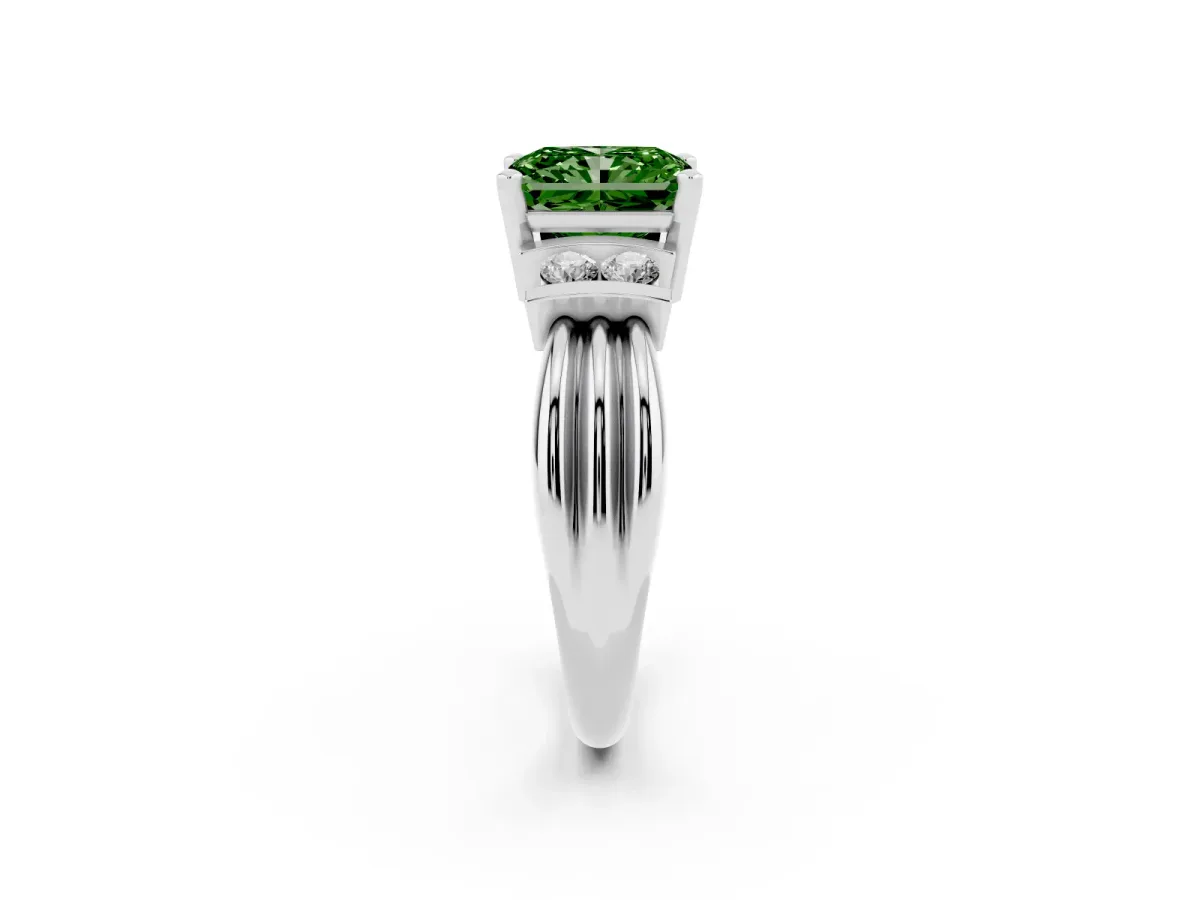Fancy Green Radiant Cut Cut Three-Stone Channel Set Ring with Bar Prongs Silver