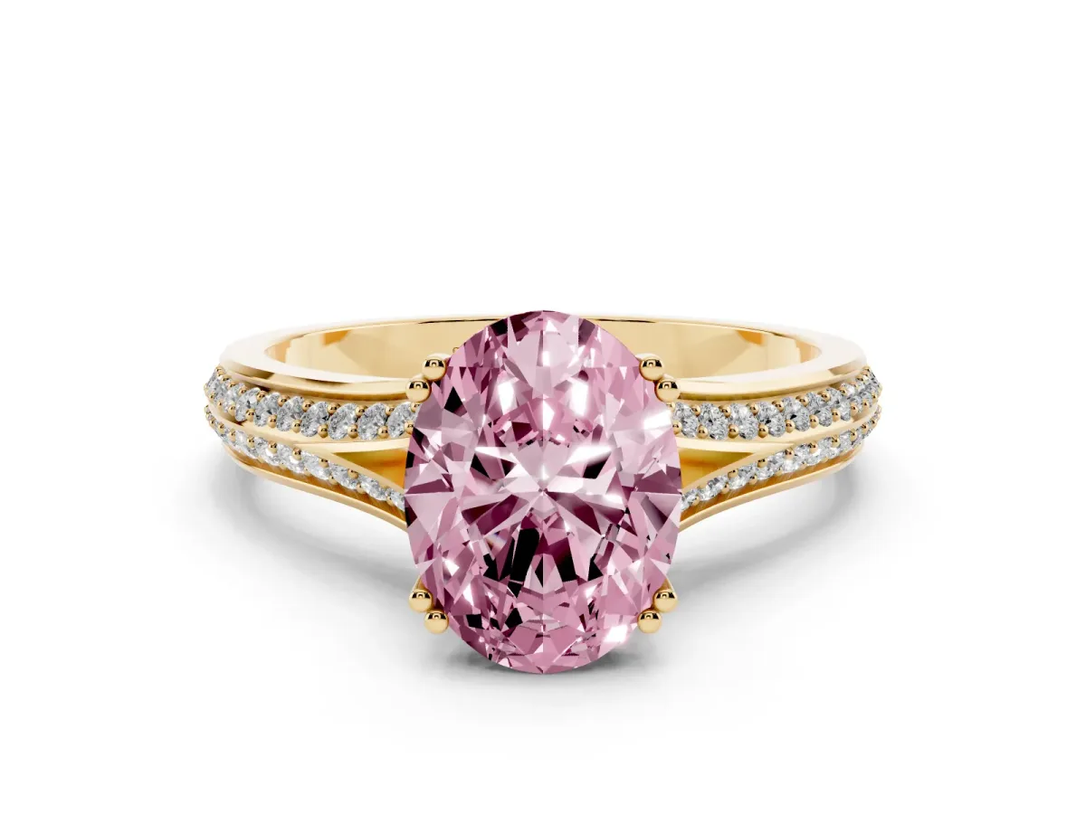 Fancy Pink Oval Cut Diamond Split Shank Engagement Ring with Pavé Band Yellow gold