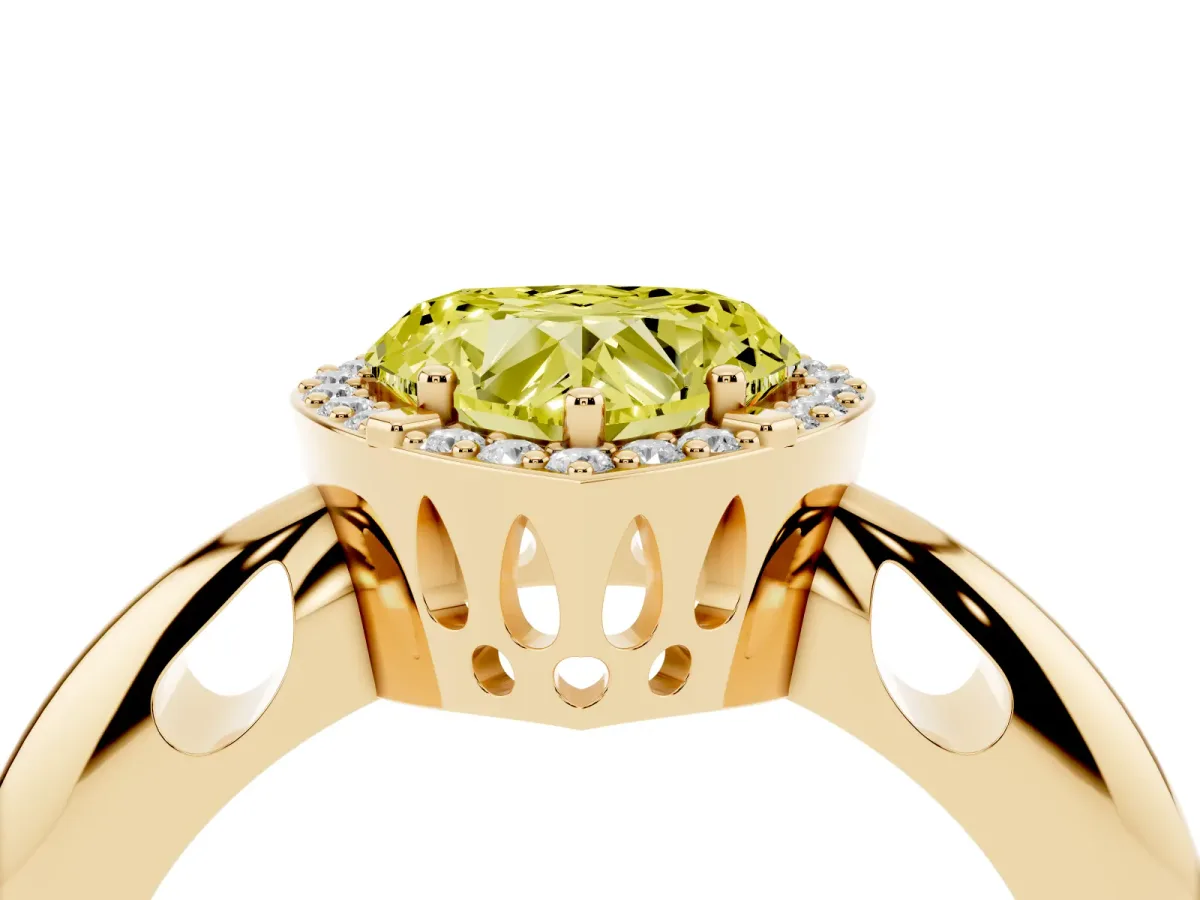 Fancy Yellow Heart Cut Cut Diamond Halo Engagement Ring with Split Shank and Four-Prong Setting Yellow gold