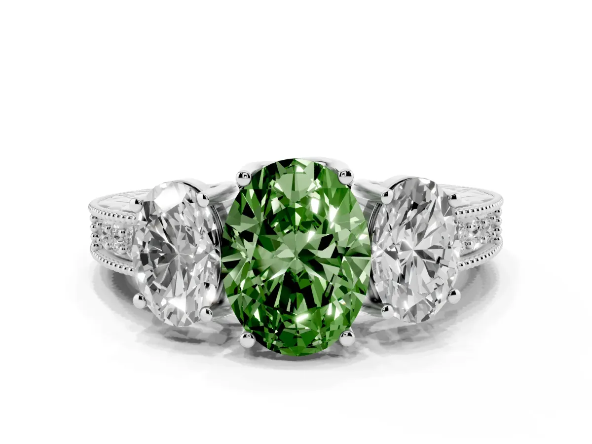 Fancy Green Three-Stone Oval Cut Cut Milgrain Pavé Engagement Ring Silver