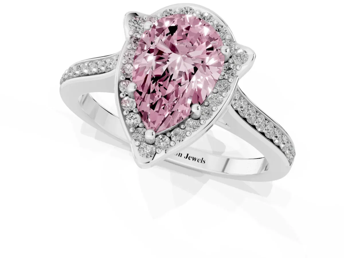 Fancy Pink Pear Cut Halo Round Diamond Pave Band with Four-Prong Setting White gold