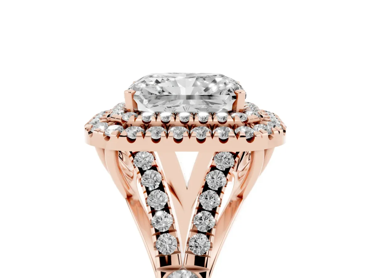 Radiant Cut Cut Double Halo Split Shank Diamond Ring with Prong Setting Rose gold