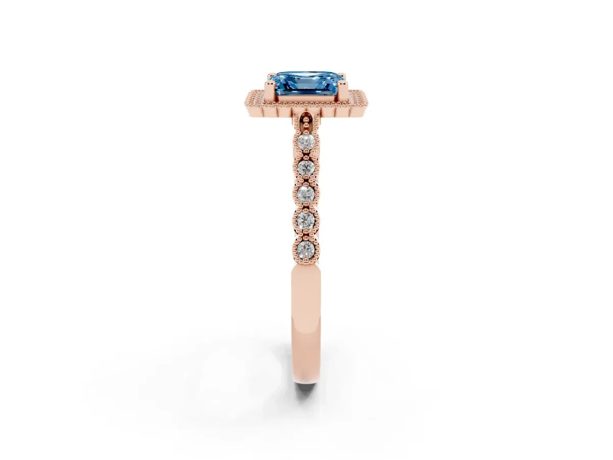 Fancy Blue Asscher Cut Cut Halo Pavé Solitaire Ring with Milgrain Band Rose gold