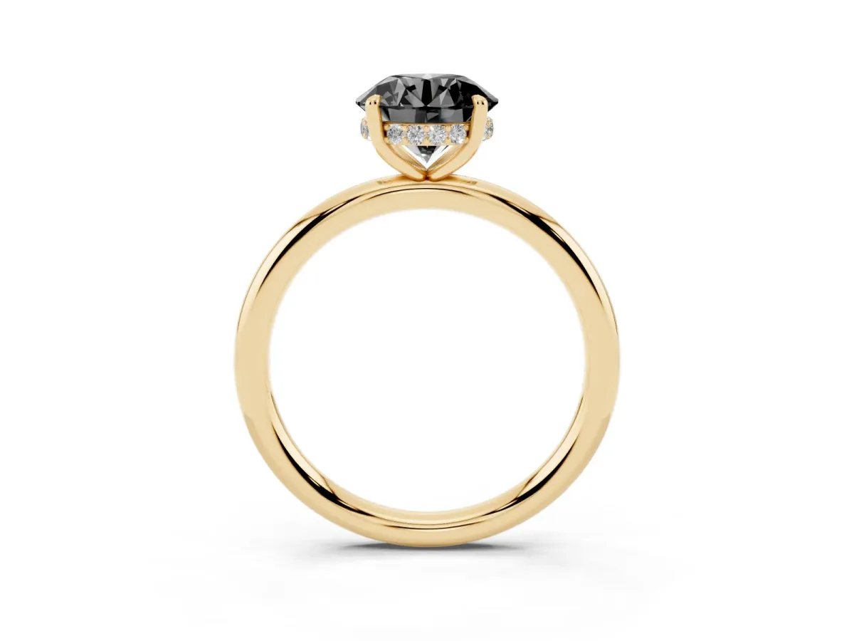 Fancy Black Round Cut Diamond Solitaire Ring with Thin Band and Four-Prong Setting Yellow gold