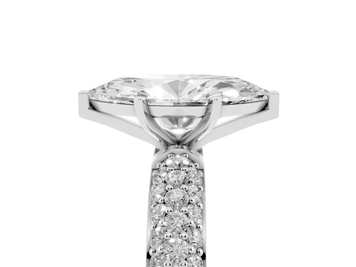 Marquise Cut Diamond Solitaire Ring with Prong Setting and Pavé Band Silver