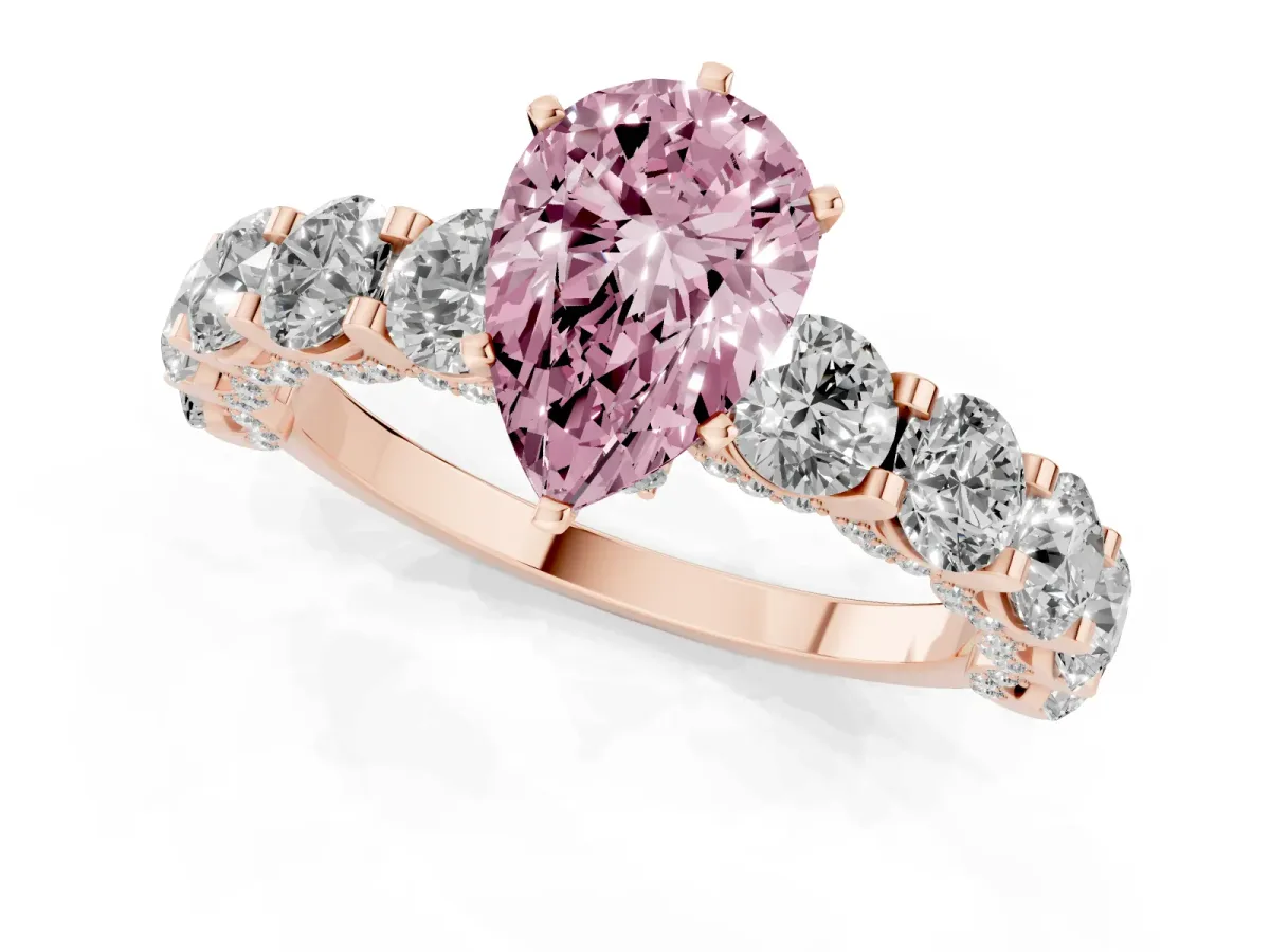 Fancy Pink Pear Cut Diamond Side Stone Engagement Ring with Four-Prong Setting Rose gold