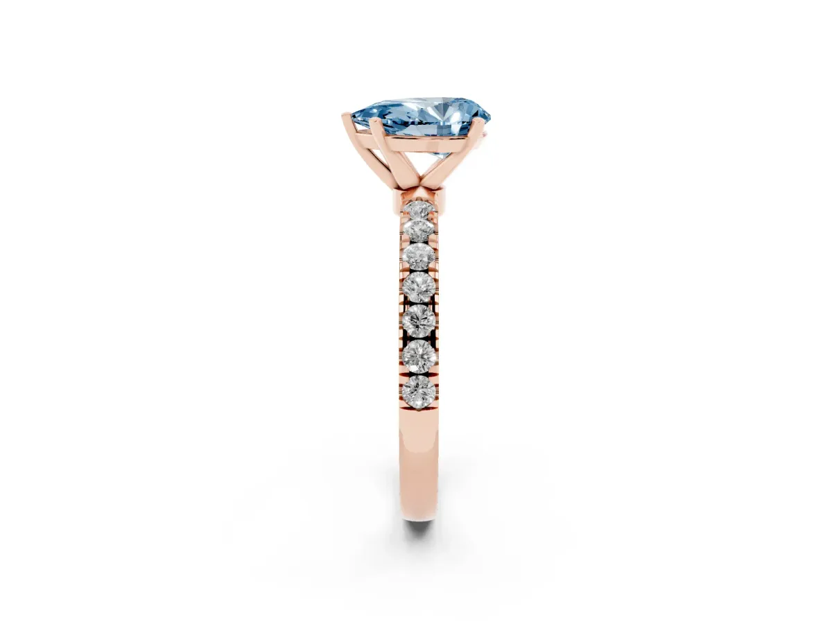 Fancy Blue Pear Cut Diamond Solitaire Ring with Pavé Accents and Four-Prong Setting Rose gold