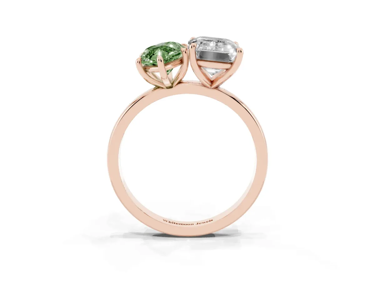 Fancy Green Marquise Cut and Emerald Cut Toi Moi Ring with Prong Setting Rose gold
