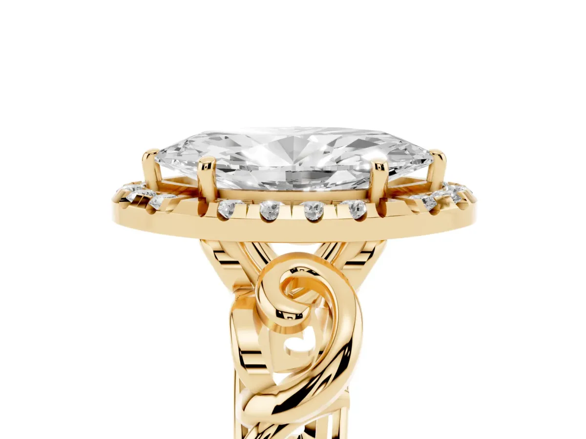 Marquise Cut Cut Halo Diamond Ring with Scrollwork Band and Four-Prong Setting Yellow gold