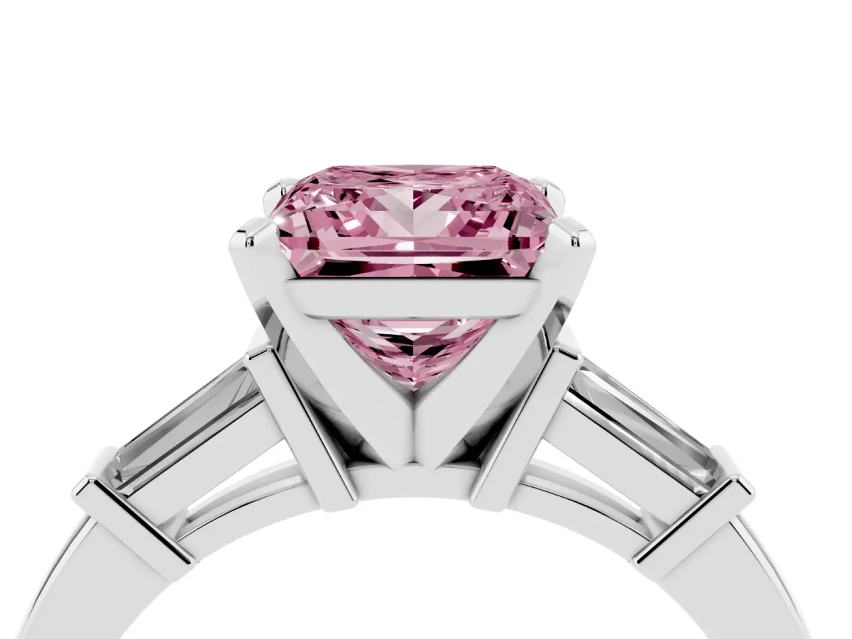 Fancy Pink Princess Cut Cut Diamond Solitaire Ring with Tapered Baguette Accents and Four-Prong Setting Silver