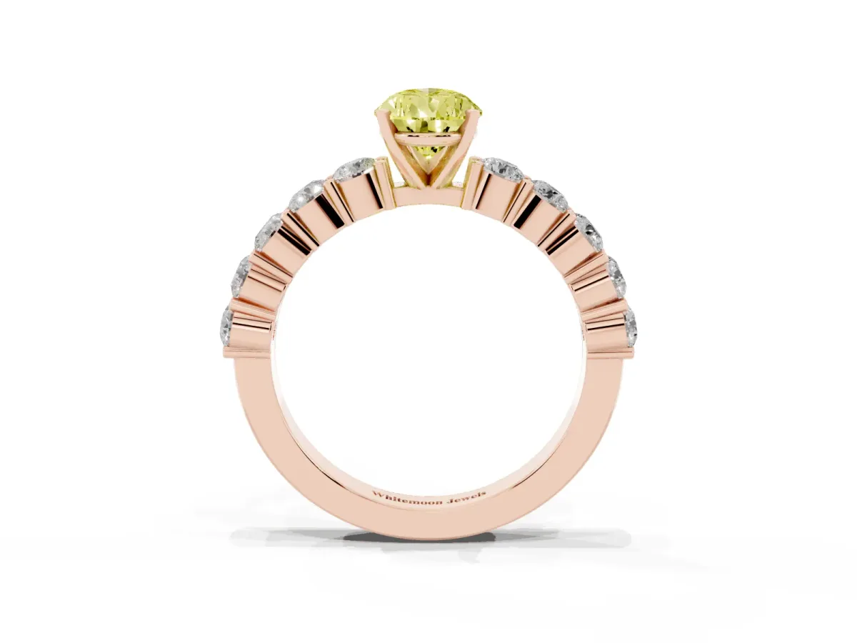 Fancy Yellow Pear Cut Diamond Solitaire Ring with Shared Prong Round Side Stones Rose gold