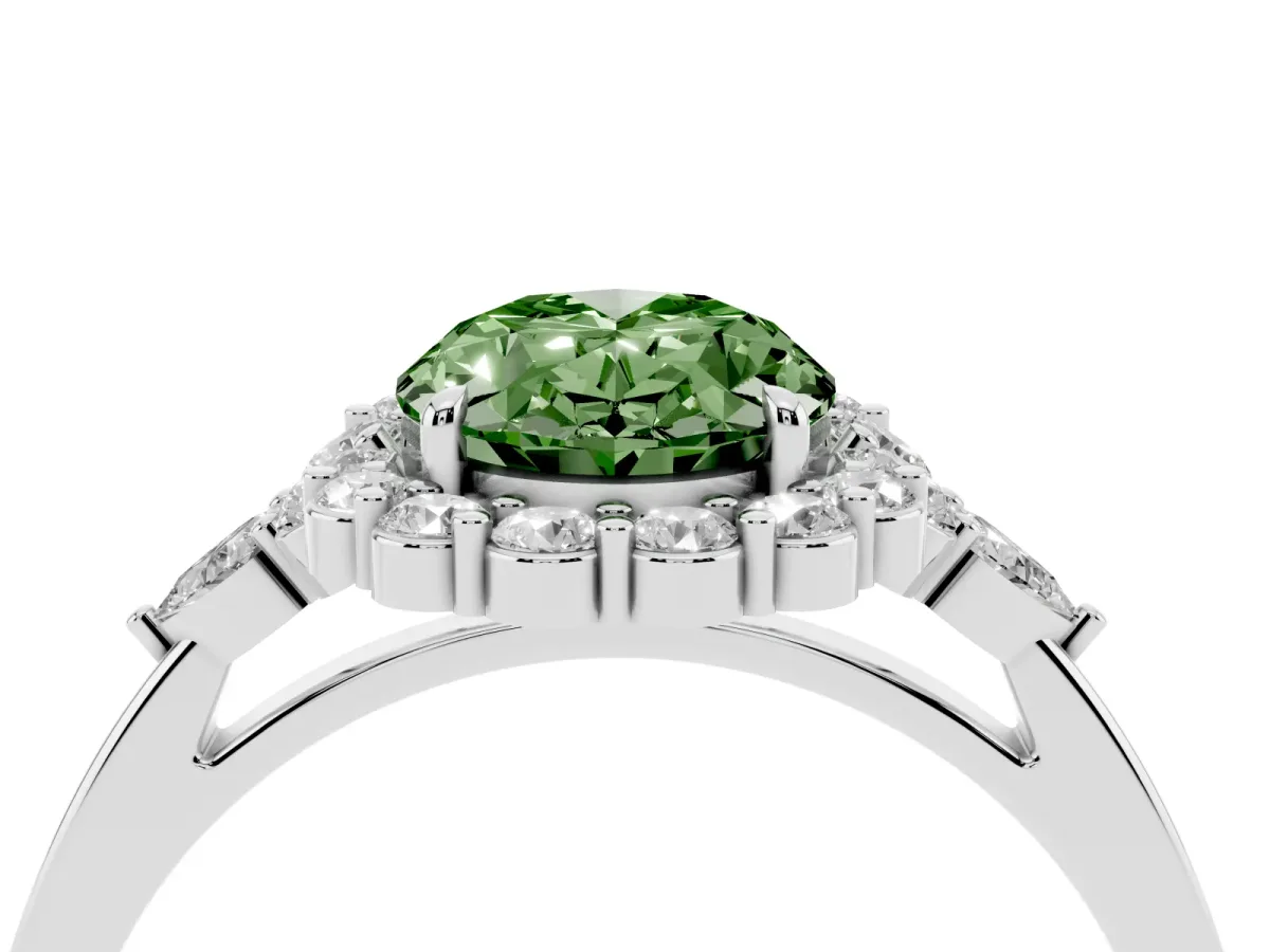 Fancy Green Oval Cut Diamond Halo Ring with Pear Side Stones and Prong Setting Silver