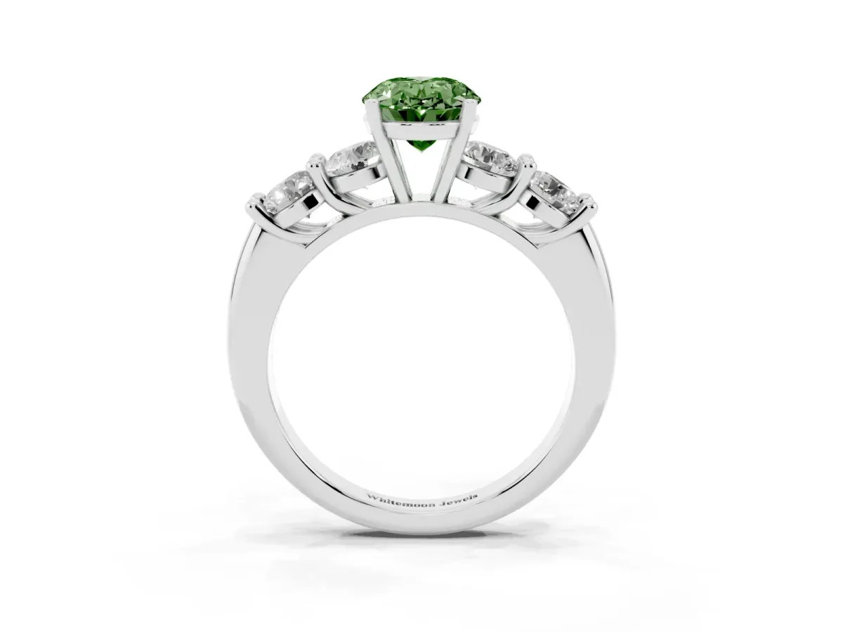 Fancy Green Oval Cut Cut Five-Stone Prong Set Diamond Ring with Classic Band Platinum