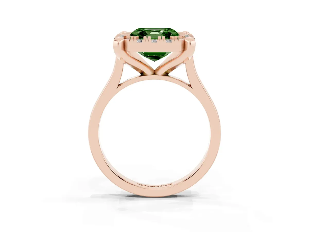 Fancy Green Asscher Cut Diamond Cluster Halo Solitaire with Four-Prong Setting Rose gold