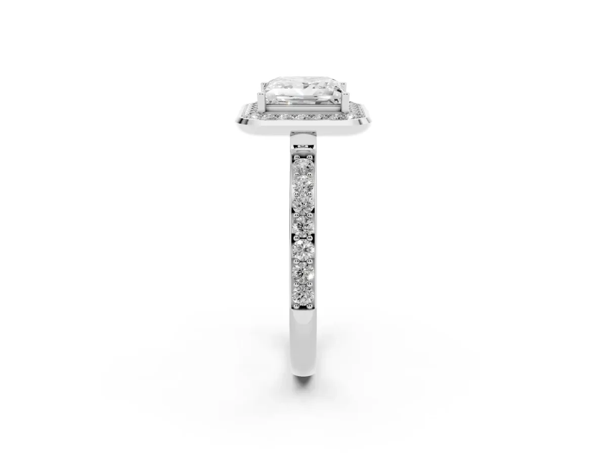 Princess Cut Diamond Halo Ring with Bezel Frame and Pavé Band Silver