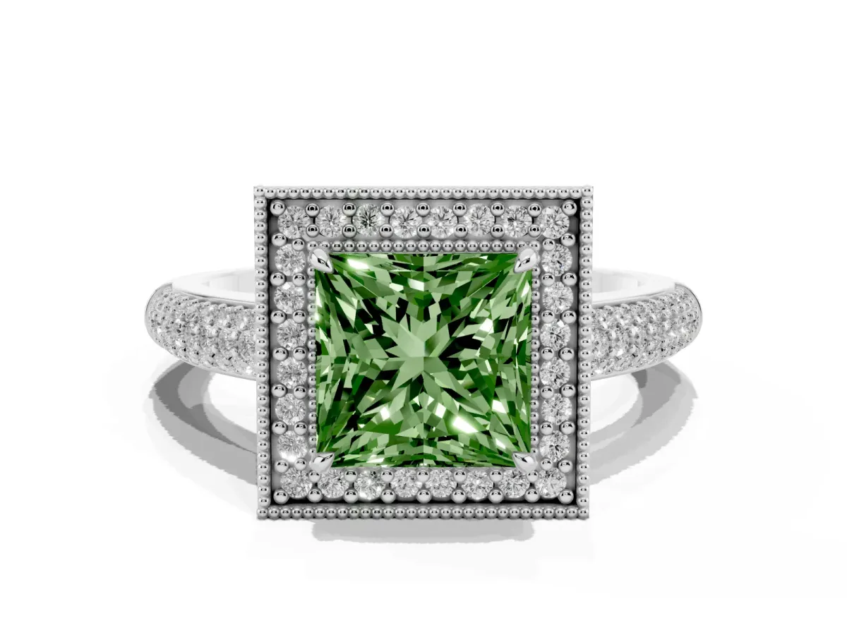 Fancy Green Princess Cut Cut Halo Diamond Pave Band with Four-Prong Setting Platinum