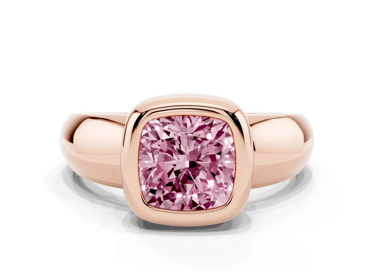 Fancy Pink Bezel Set Cushion Cut Solitaire Ring with Wide Band Rose gold