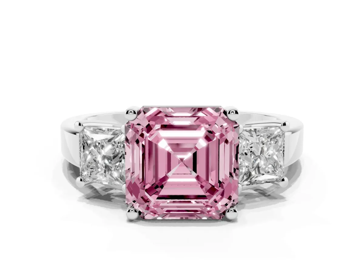 Fancy Pink Three-Stone Asscher Cut Cut Solitaire Ring with Prong Setting Silver
