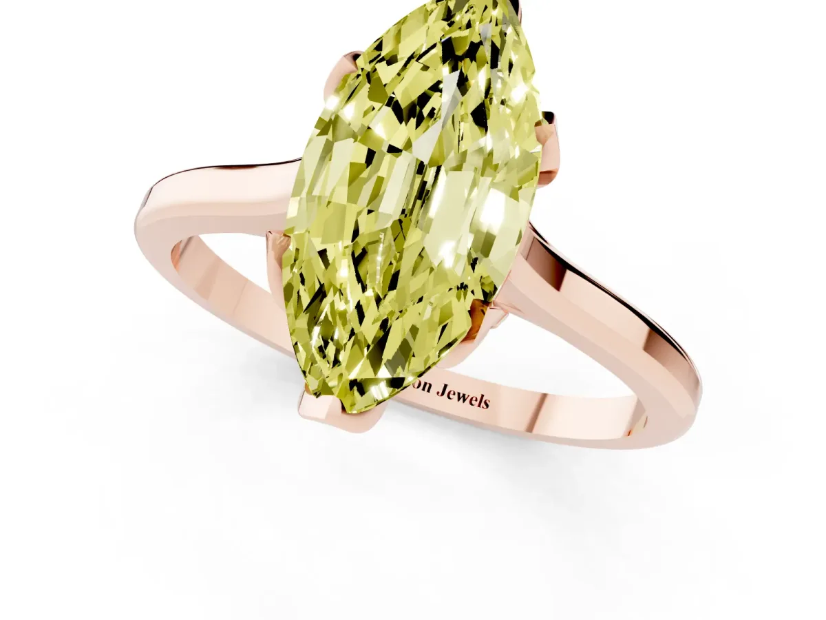 Fancy Yellow Marquise Cut Diamond Solitaire Ring with Flower Prong Setting and Classic Band Rose gold