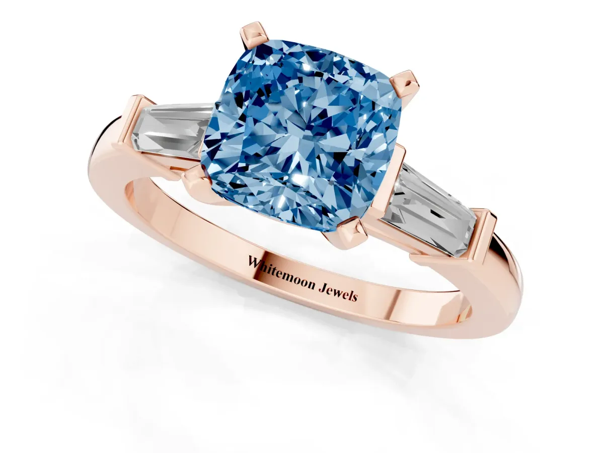 Fancy Blue Cushion Cut Cut Diamond Solitaire Ring with Tapered Baguette Accents and Four-Prong Setting Rose gold